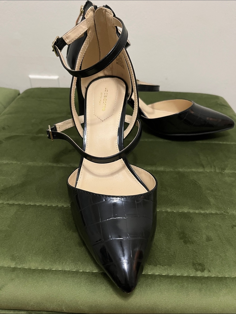 Liz Claiborne Black Croc-Texture Pointed Toe Strappy Heels